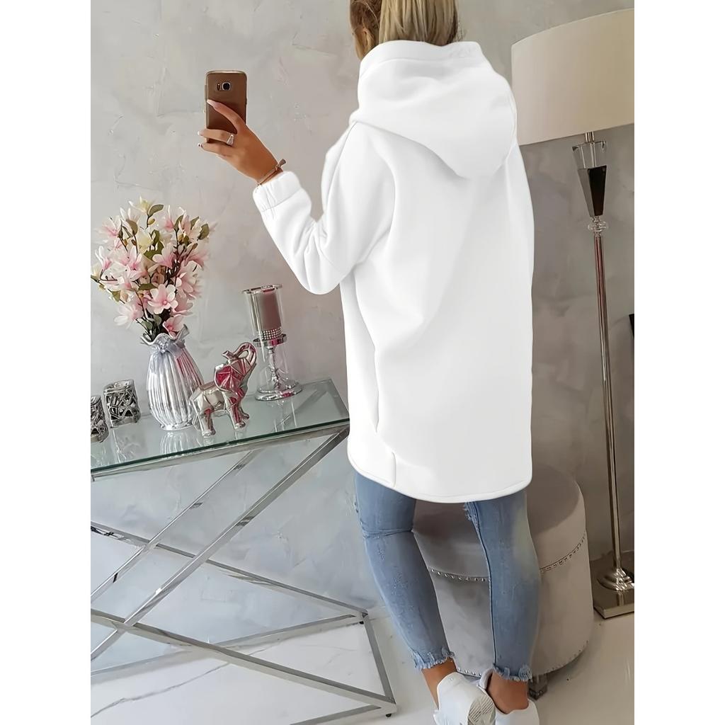 Women's Long Sleeved Casual Black Hooded Jacket Sweatshirt with Front Pocket Zipper Hoodie