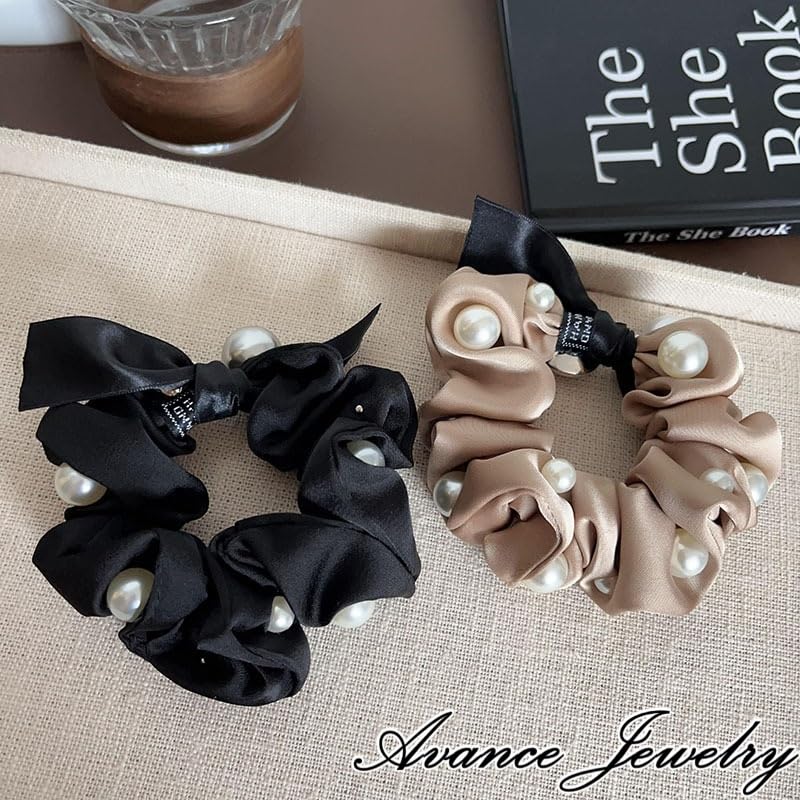 Avance Hair Jeweled Hair Pearl Cute and Adult Khaki Accessories, Ribbon, Tie, Scrunchie, Women's, Black, Beige, (Beige)