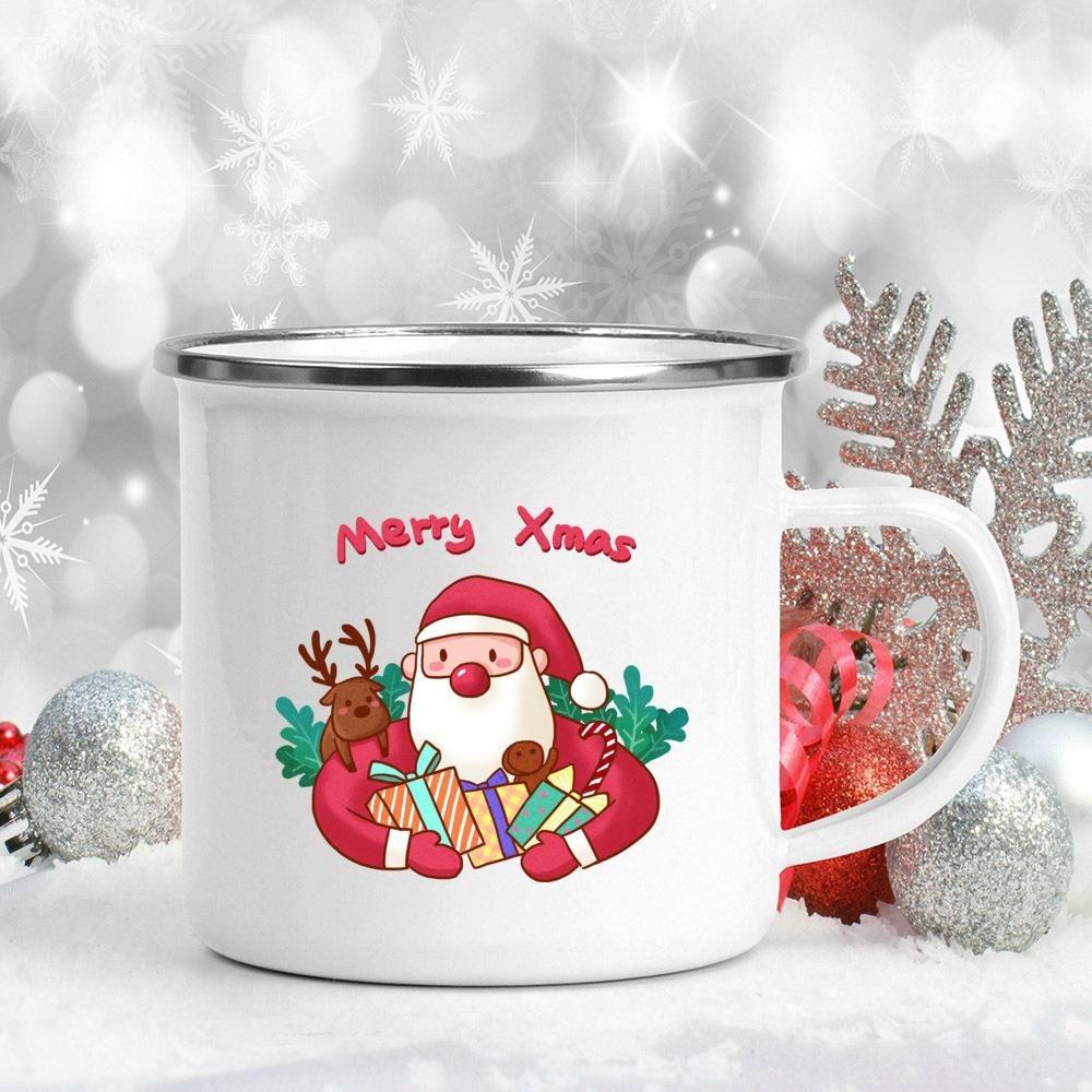 Veselé Vánoce Potištěný smaltovaný šálek na kávu Kreativní hrnek na pití Dezert na horké kakaové mléko Hrnky na dort Hrnky na dort Nádobí na pití Vánoční dárky
