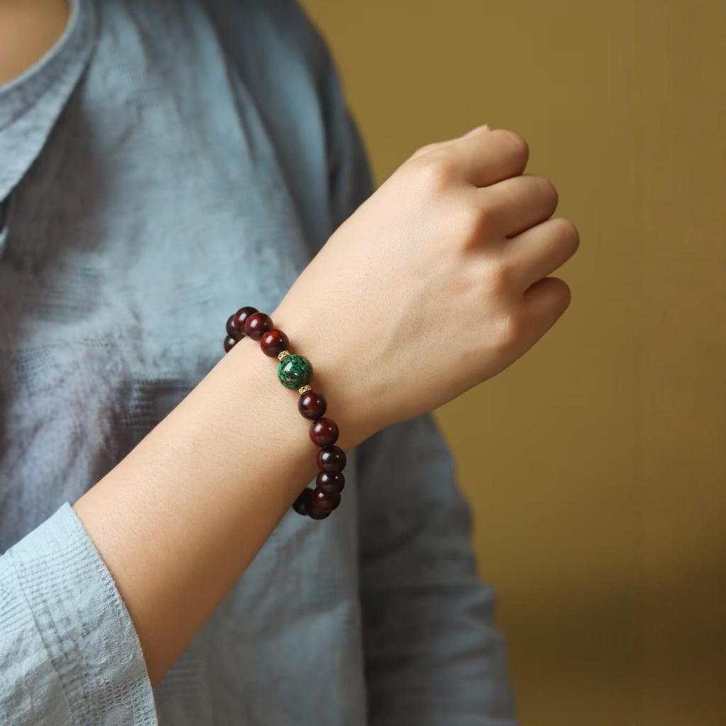 Women's Small-Leaf Rosewood Bracelet with Mother-of-Pearl Bead, Wenwan Buddhist Calming Ornament, Unisex.