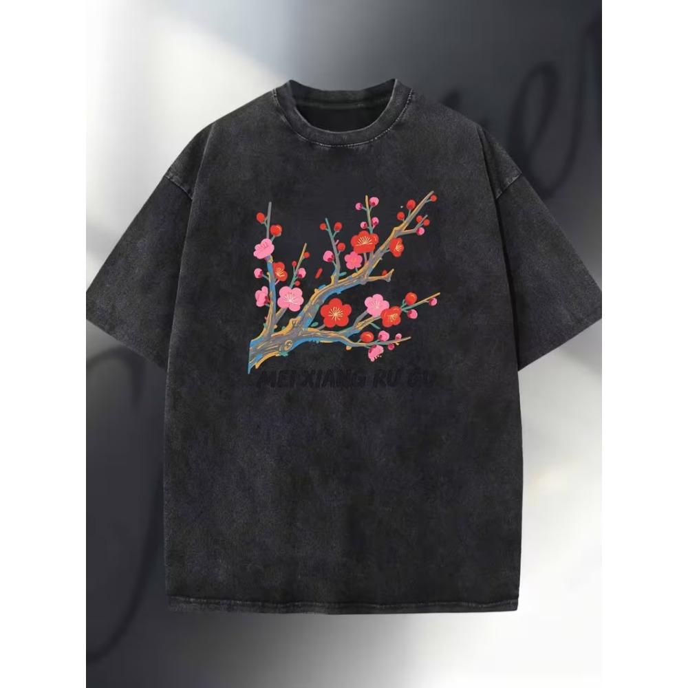 Gewaschenes Baumwoll-T-Shirt mit Kirschblüten-Print Retro-Blumen-Grafik-T-Shirt Lässig Locker Kurzarm für