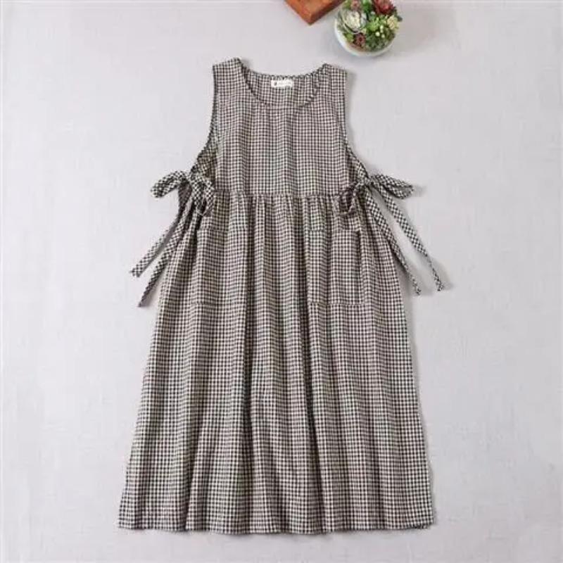 

Summer Women Fashion Plaid Sleeveless Long Dress O Neck Casual Dresses Ladies Loose Pockets A Line Vestidos XL чорний
