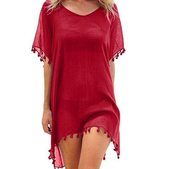 Summer Fashion Solid Color Tassel Chiffon Women Swimwear Bikini Cover Up Dress