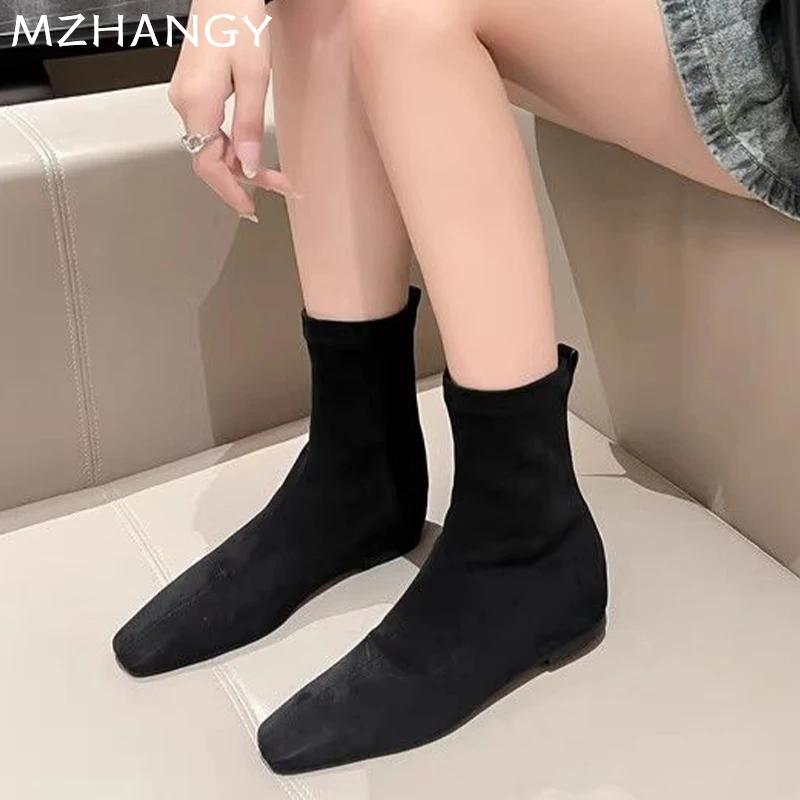 Mode Damen Wildleder Hohe Stiefel Flats Eckige Zehenschuhe Frau 2025 Trend Chelsea Boots Winter Goth Walking Neu Mujer Schnee Motorradstiefel
