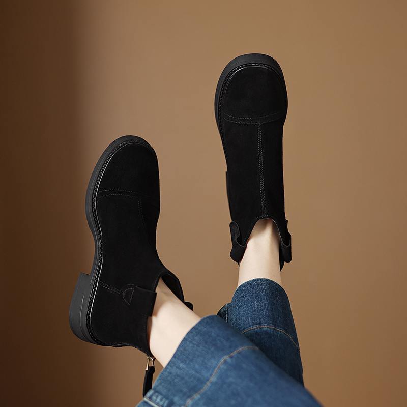 Krazing Pot Krowi Zamsz Nubuk Zima Okrągły Nosek Nowoczesne Kozaki Średni Obcas Zamek Błyskawiczny Styl Punk Damskie Botki