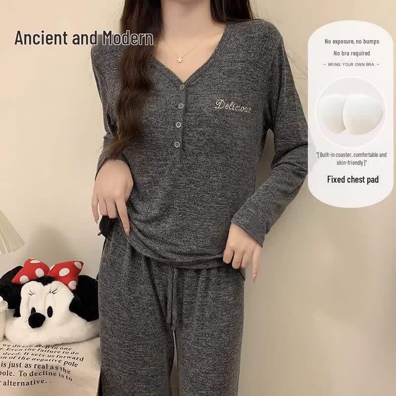 GUJIN Women s Long-Sleeve V-Neck Pajama & Loungewear Set with Chest Pads XL