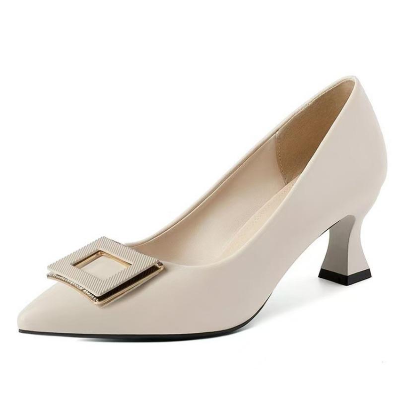 Summer new thick heel women's shoes versatile black pointed comfortable soft leather professional single shoes women's high heel Doudou shoes