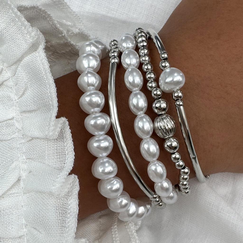 5pcs Simple Beaded Pearl Design Bracelet Set For Women Vintage Silver Color Charm Bangles Holiday Date Daily Party Jewelry Gifts