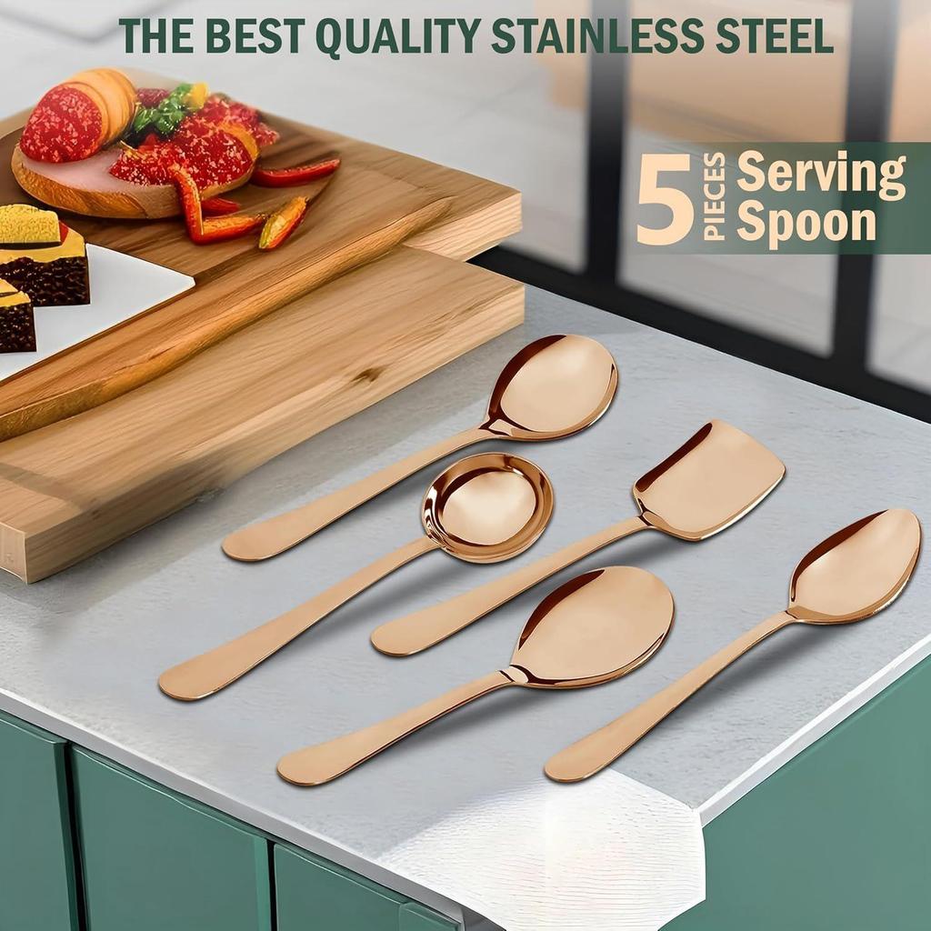 5 Pieces Stainless Steel Rose Gold Serving Spoon Set for Dining Table/Kitchen, 1.8 Mm Heavy Gauge