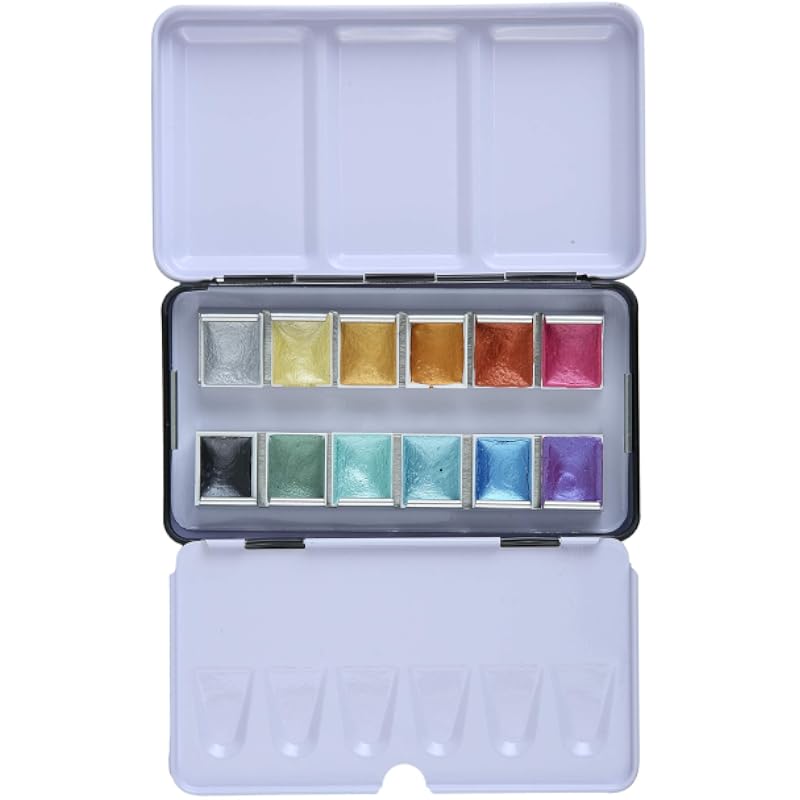 BRUSTRO Watercolour 12 Colour Metallic Paint Set, Half Pans Ideal for Kids and Adults, Colouring, Painting, Highlights,
