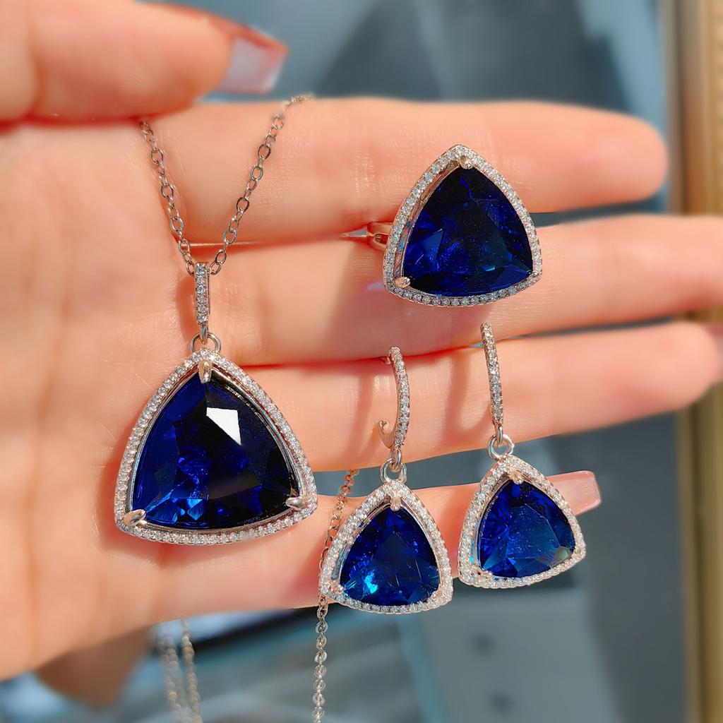 Bird'S Nest Cut Red Diamond Fat Triangle Ring Set Women'S Luxury Royal Sapphire Earrings Pendant