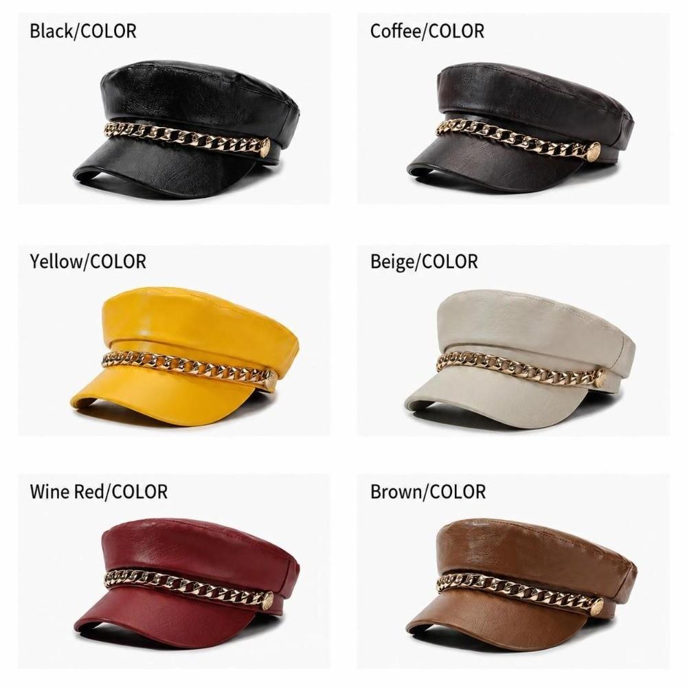 Metal Chain Decor Newsboy Cap PU Leather Flat Top Cap Stylish Baker Boy Cap For Women