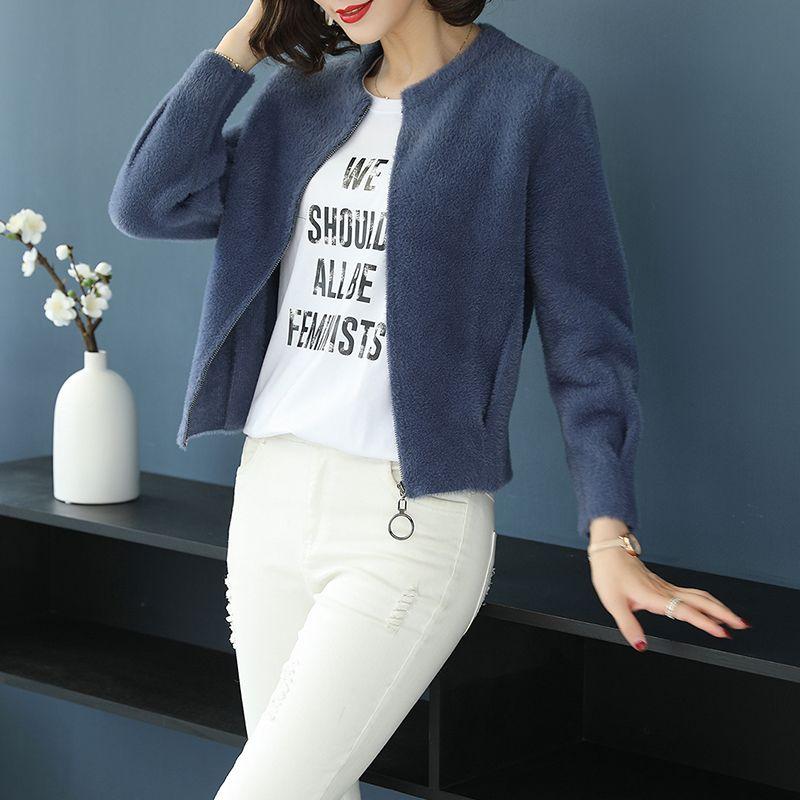 

Короткая вязаная куртка с модным искусственным мехом норки для женщин XXL синий