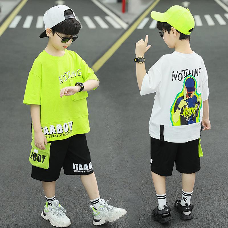 Kids' Summer Casual Short Sleeve Two-Piece Set with Five-Point Pants