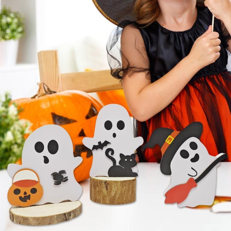 Festives Halloween Wood Ghostly, Black Cats Brooms Pumpkins Table Decorations Wood Tiered Tray Decoration Table Sign