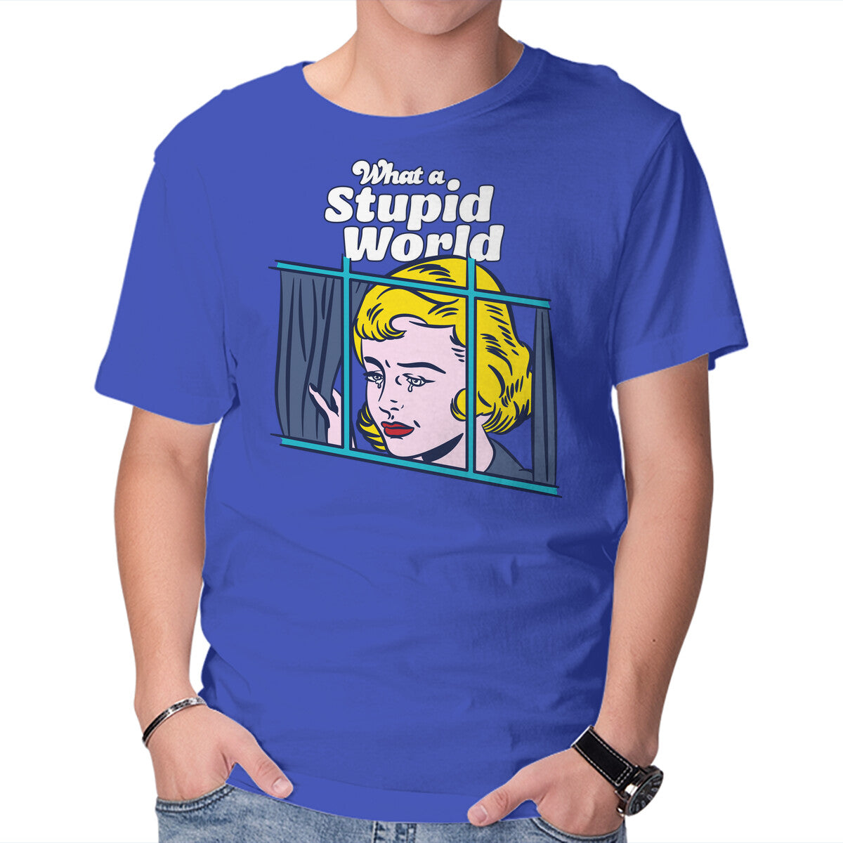 Unisex Crew Neck T-Shirt Stupid World Graphic Short Sleeve Casual Tee M
