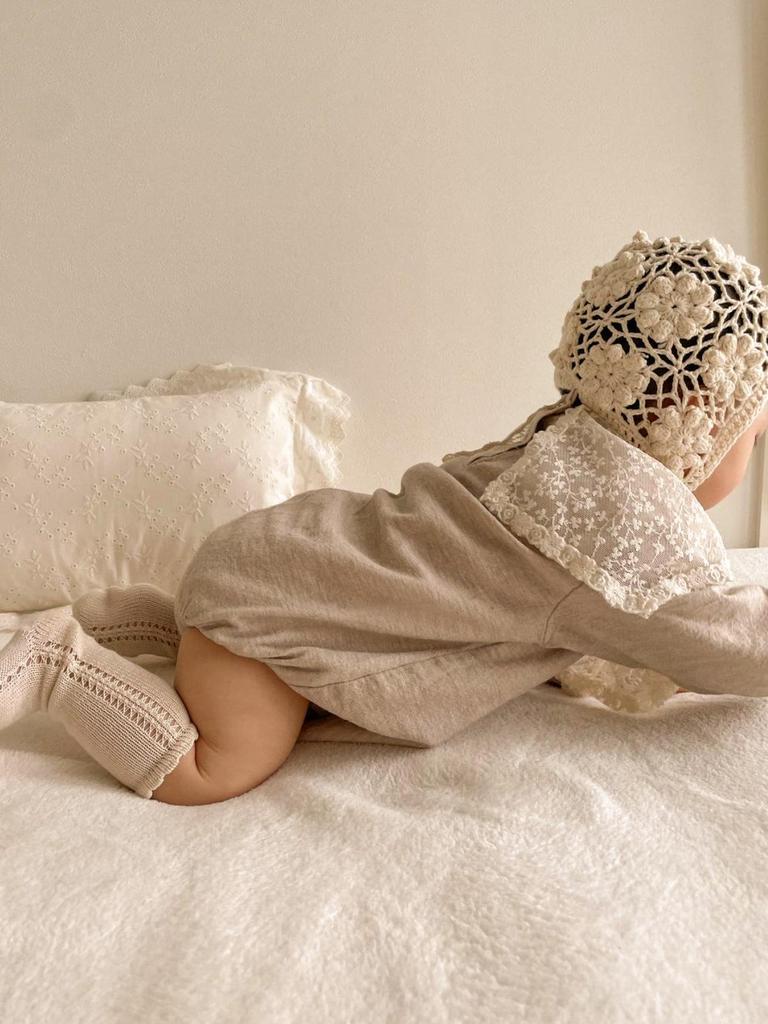 Baby Mädchen Herbst Spitzen Revers Baumwoll Jumpsuit - Langarm Krabbel Strampler