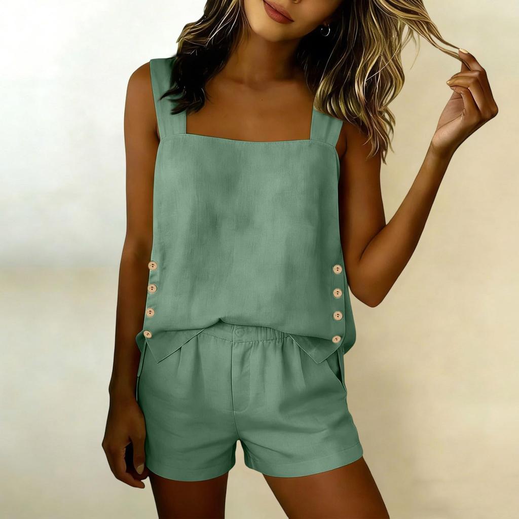 Women's Linen Two Piece Set Side Slit Square Neck Tank Top and Elastic Waist Shorts Summer Casual Outfit Lightweight Breathable Fabric