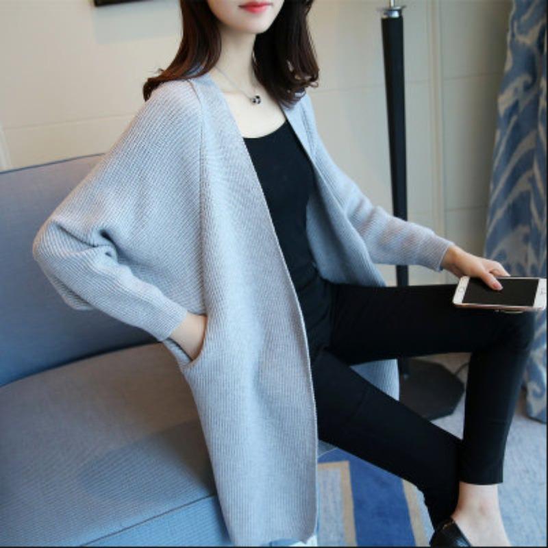 Autumn and Winter  Women's Sweater Cardigan Jacket Medium Long Loose Casual with Bat Sleeves Irregular Design