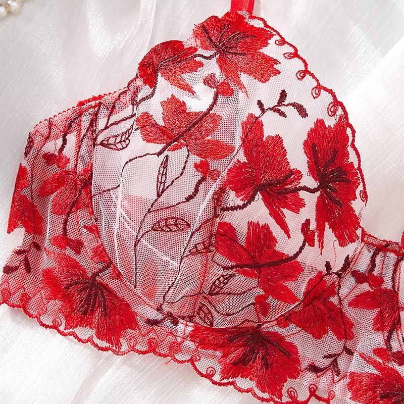 New Ultra-thin Transparent Lace Sexy Bra Red Embroidery Perspective Sex Underwear Set Europe and America