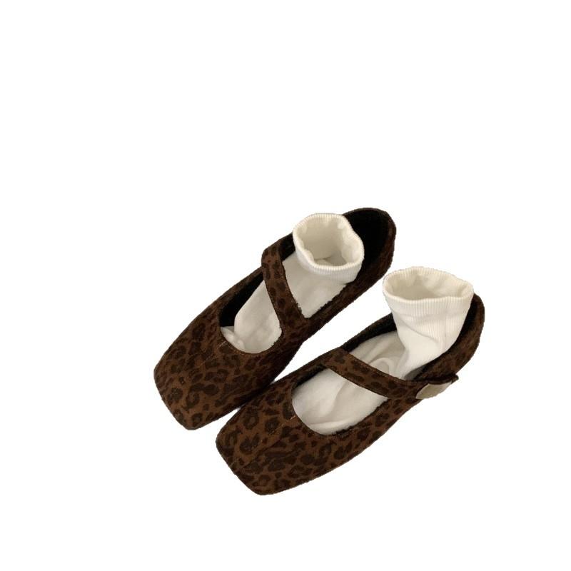 2025 autumn new square head casual Mary Jane shoes retro comfortable versatile women's shoes Japanese leopard print bag head single shoes