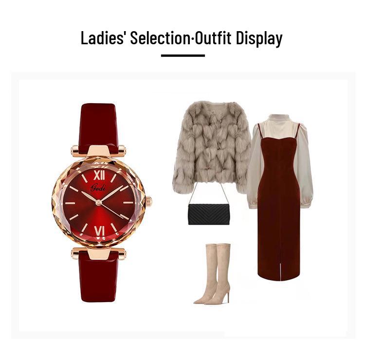 Gedi Damski Jasnoczerwony Skórzany Pasek Zegarek Kwarcowy Wodoodporny