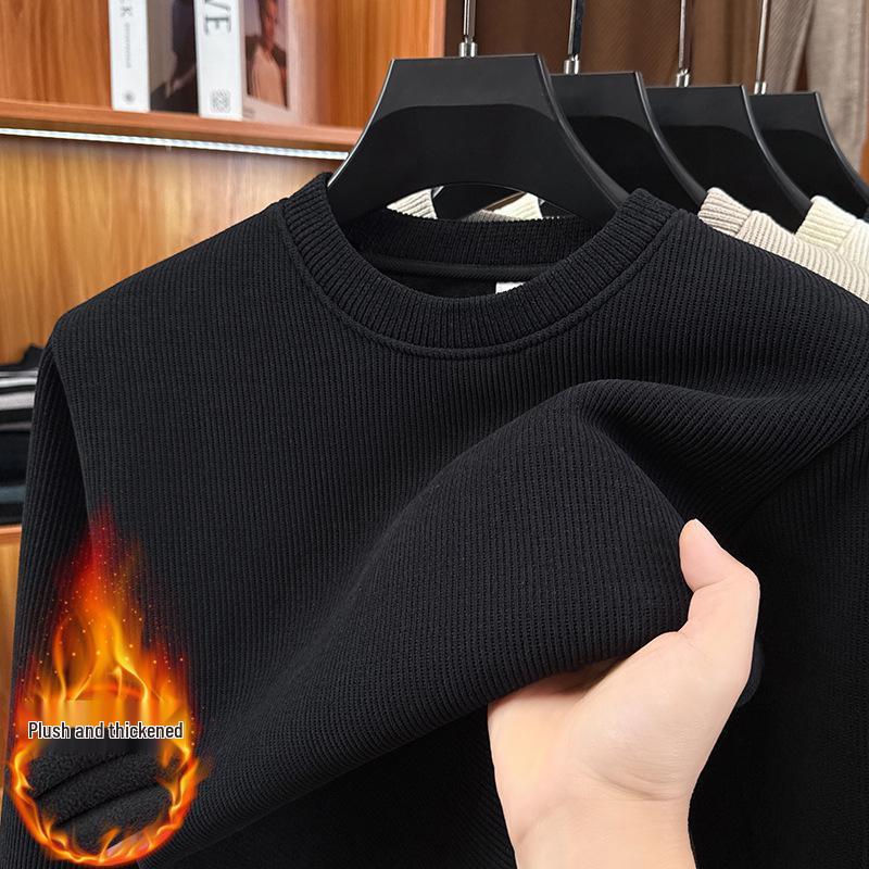 

Men s High-End Fleece-Lined Winter Hoodie, Round Neck, Solid Color, Warm Long Sleeve Top 170/L чорний