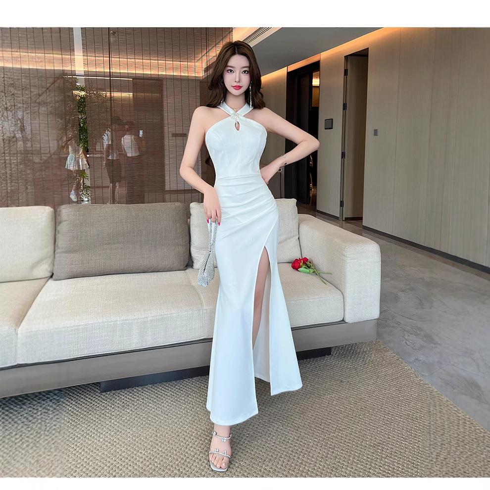 White neck evening dress women's high-end sense light luxury niche high-end temperament sexy backless split fish tail skirt