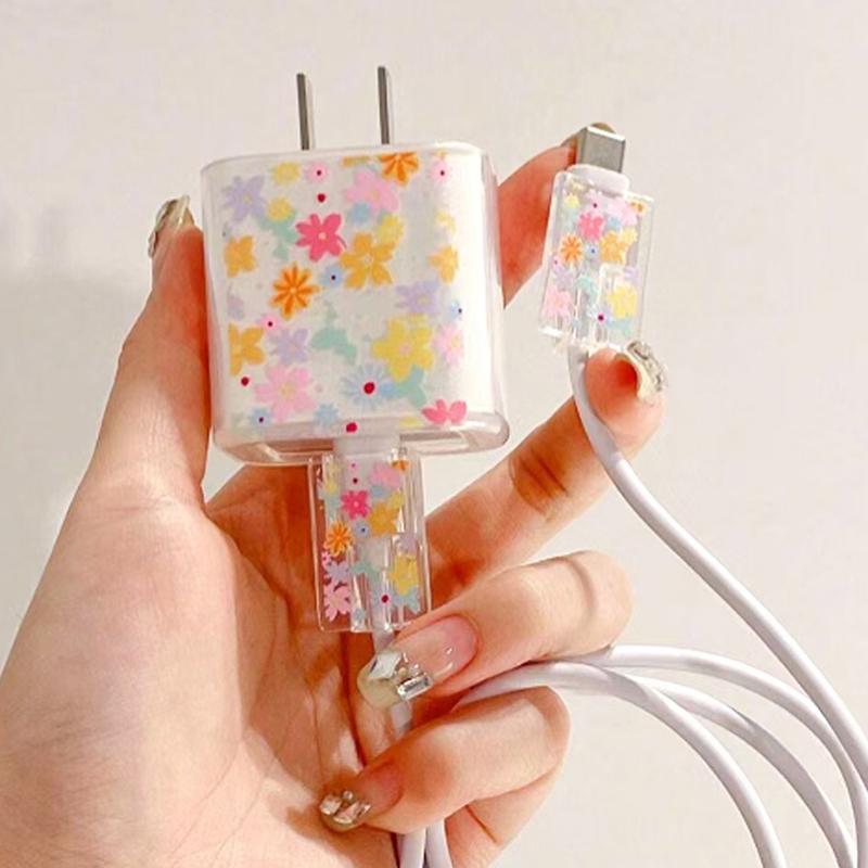 Transparent Flowers For 18/20W Charger Protective Case Is Applicable To 16/15/14/13 Data Cable Head Bite Protector Shell