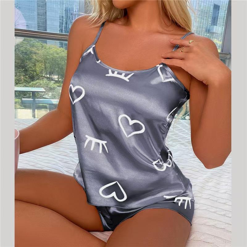 European & American Digital Print Women s Casual Camisole and Shorts Set for Comfortable Home Wear. Large светло-серый