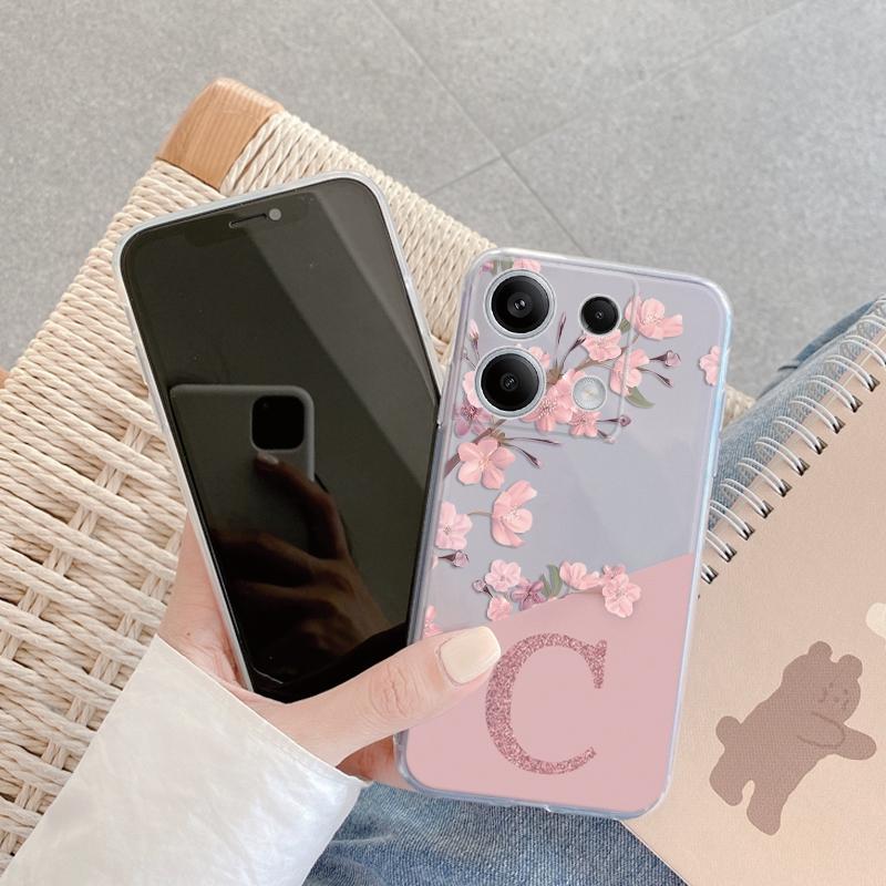 English Letter Flower Soft Clear Silicone Case For Redmi Note 13 Pro 13C 14C 14T Xiaomi 14 Poco C65 M6 Pro F6 Pro Camera Protective Shockproof Cover