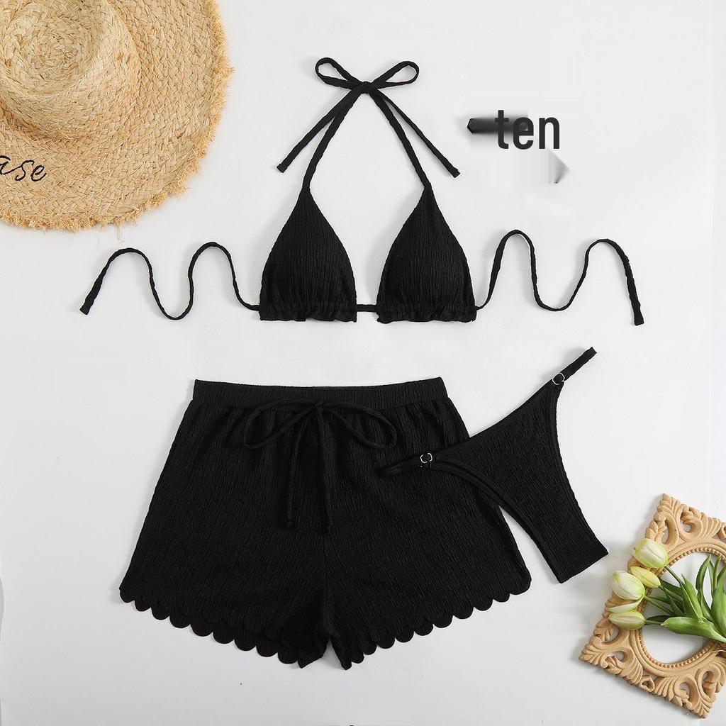 European and American Trendy Solid Color Halter Bikini Set (Three-Piece) - Sexy and Fashionable 2025