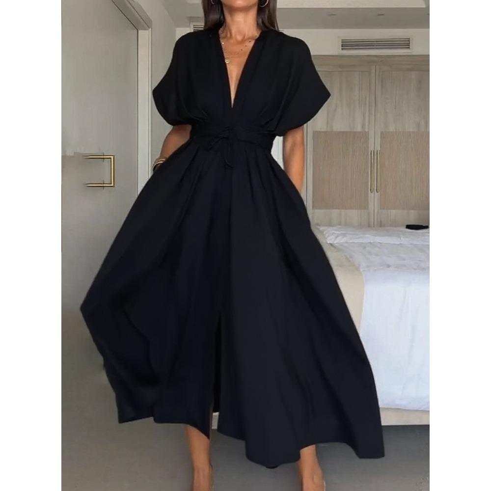 Women's Deep V‑Neck Short Sleeve Tie Waist Pleated Swing Elegant Summer Maxi Dress