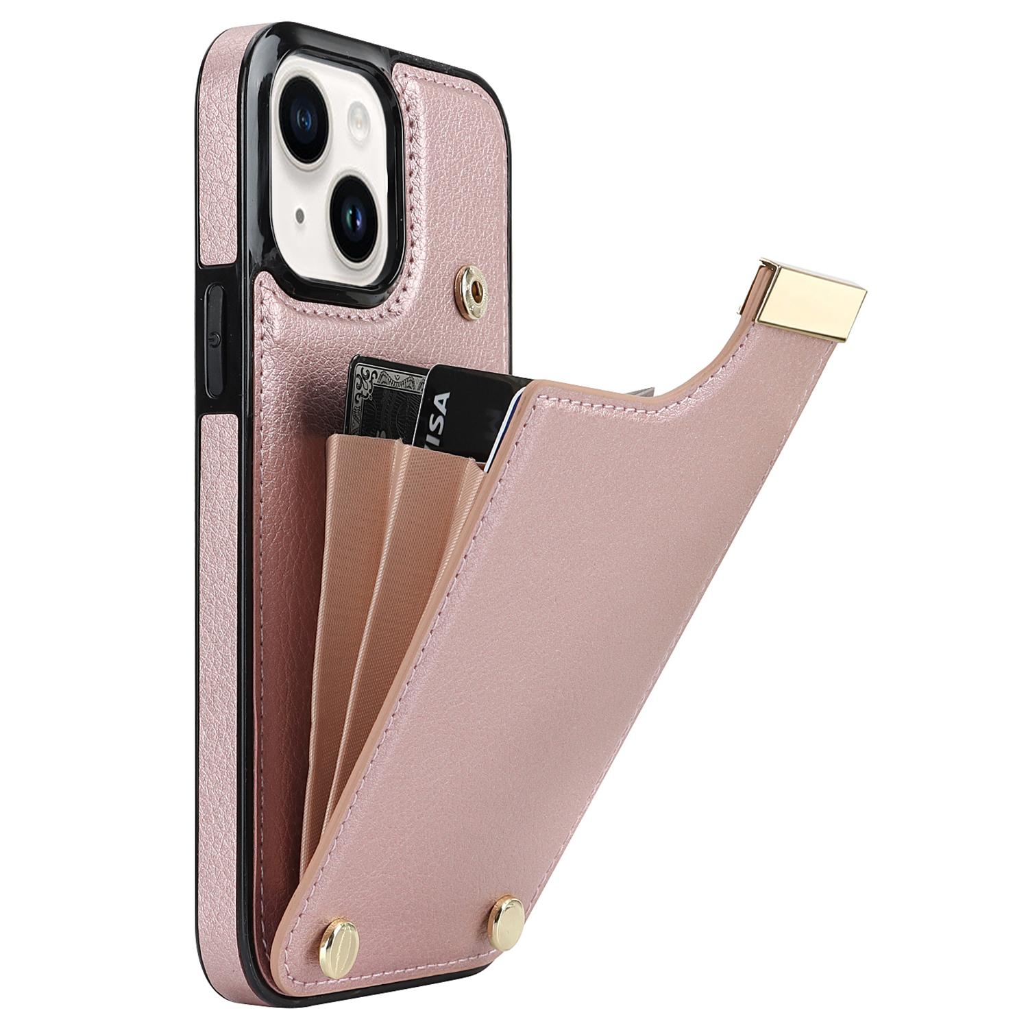 

For iPhone 15 Case Card Holder TPU+PU Leather+Metal Hardware Mobile Phone Cover Rose Gold