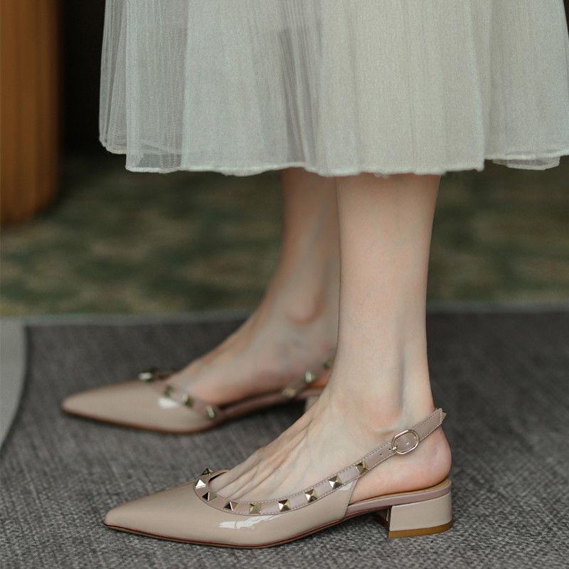 Summer New Rivets with Buckles, Middle Heel, Spring Bag Head, Pointed Head, Thick Heel, Willow Shoes, Cool Slippers for Women