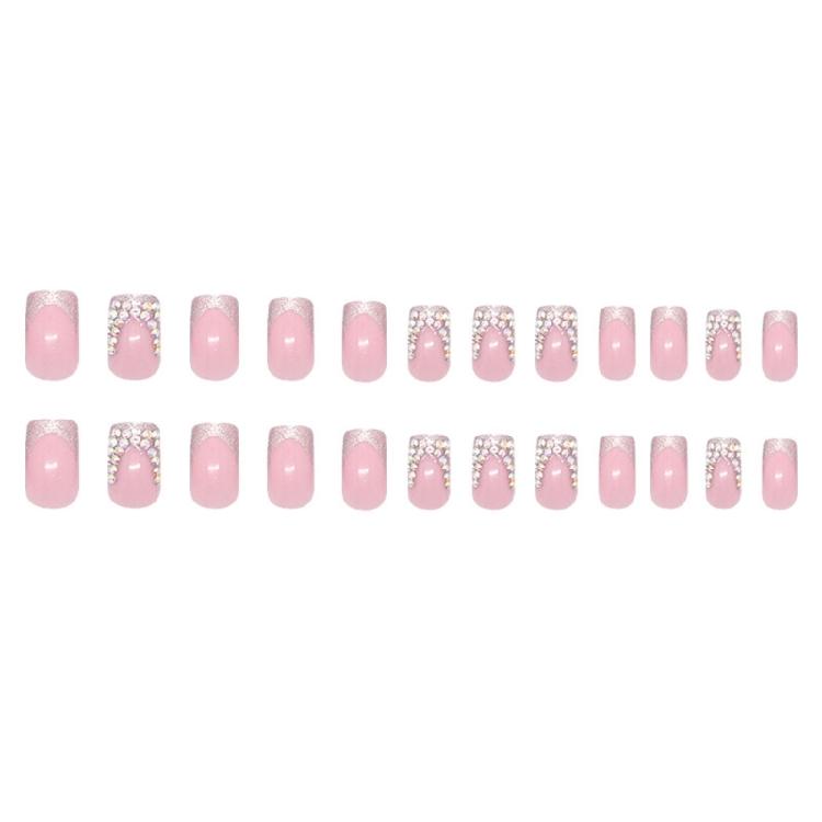 24 Pcs Rhinestones Acrylic Nail Square Full Cover Stick On Nail French Tip Press On Nail Simple False Nail