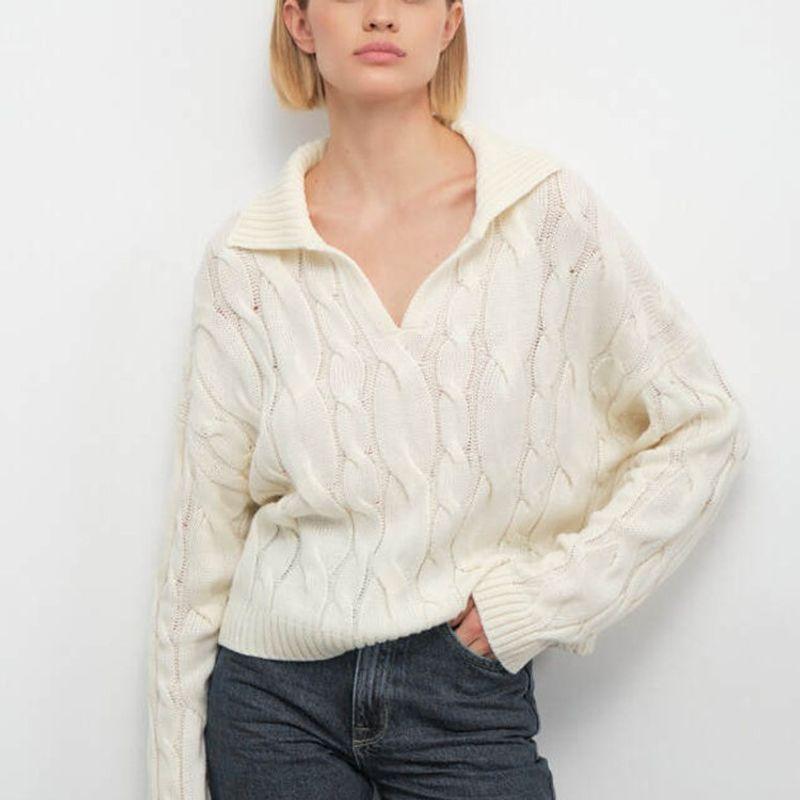 Loose Casual Sweater Beautiful Fall and Winter New Arrival Elegant European and American Women's Clothing Lapel Thickening Temperament Commute Sweater