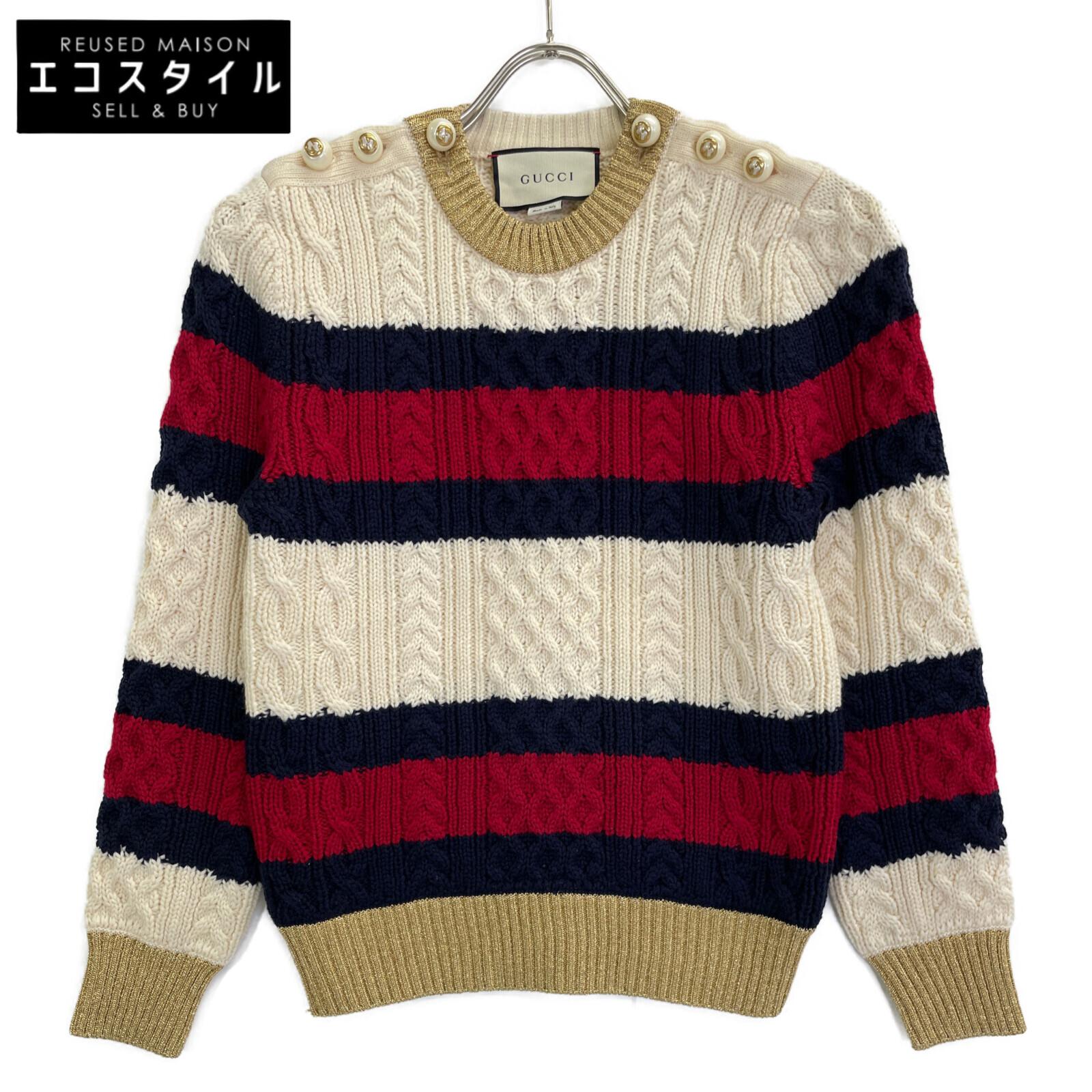 

GUCCI 434363 X5D24 Multicolor Wool GG Pearl Button Stripe Knit Pullover tops M multicolorUsed