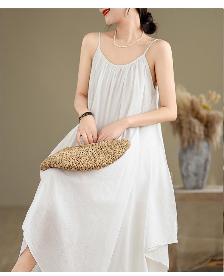 Summer Literary Loose Spaghetti Strap Tank Dress with Irregular Hem