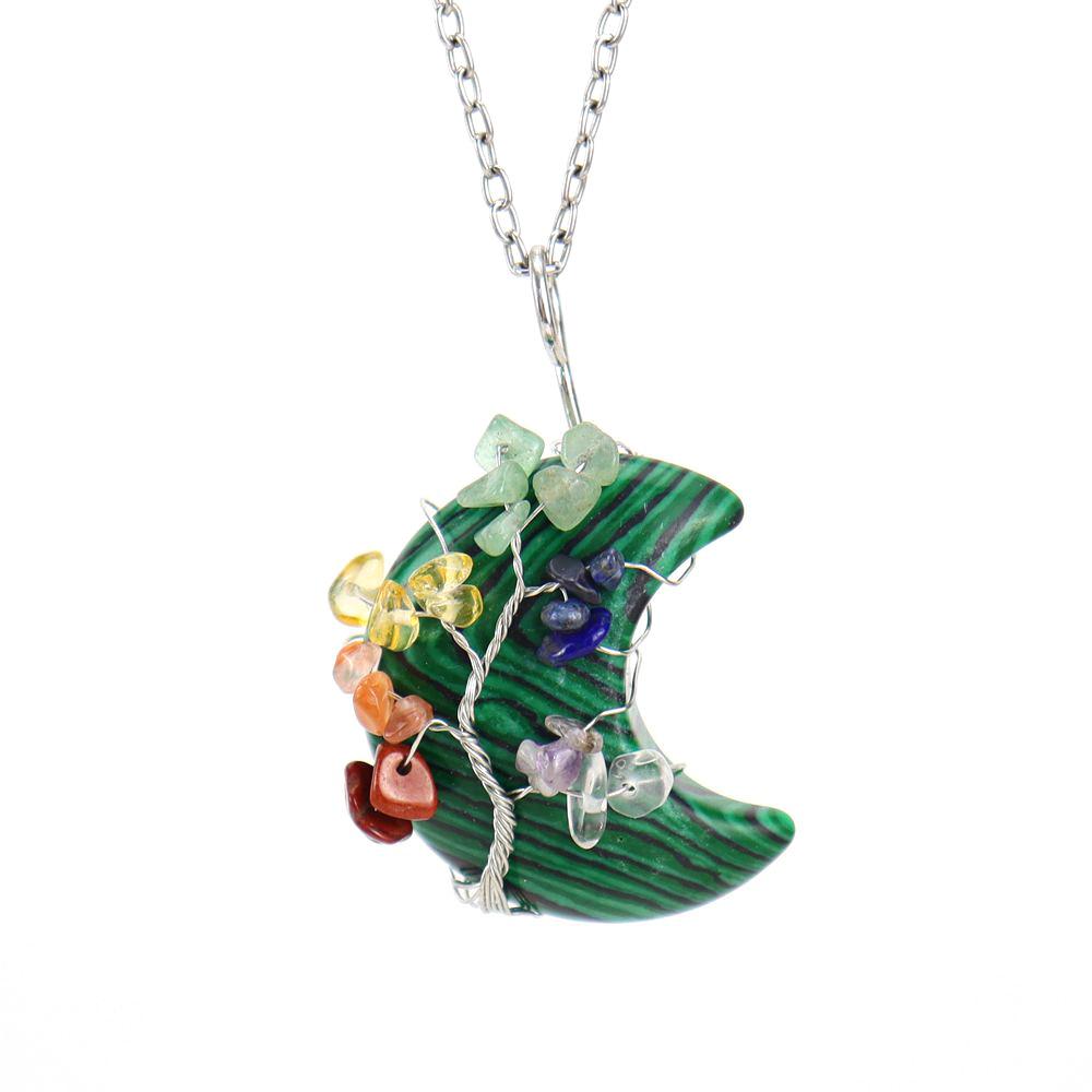 Hand-Wound Gravel Crystal Tree Of Life Natural Stone Moon Pendant Necklace N691
