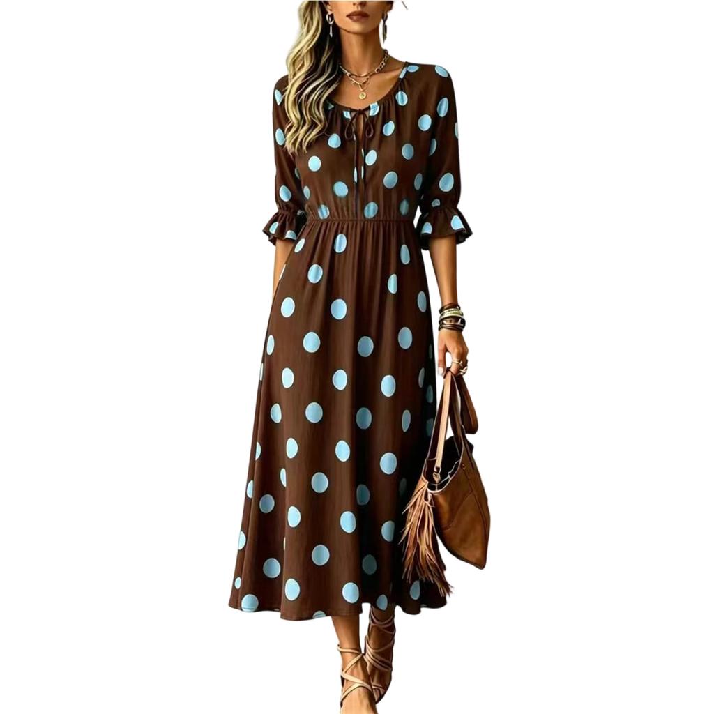 Damen Polka Dot Print Schmeichelhaftes Taillenbetonendes Midi-Kleid für Urlaub und Resort