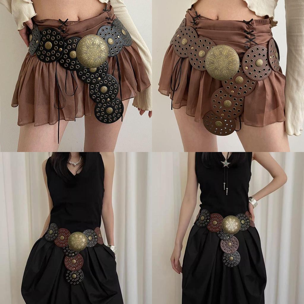 Retro Western Pu Leather Belt For Women With Metal Conchos And Rivets For Dress Accessories