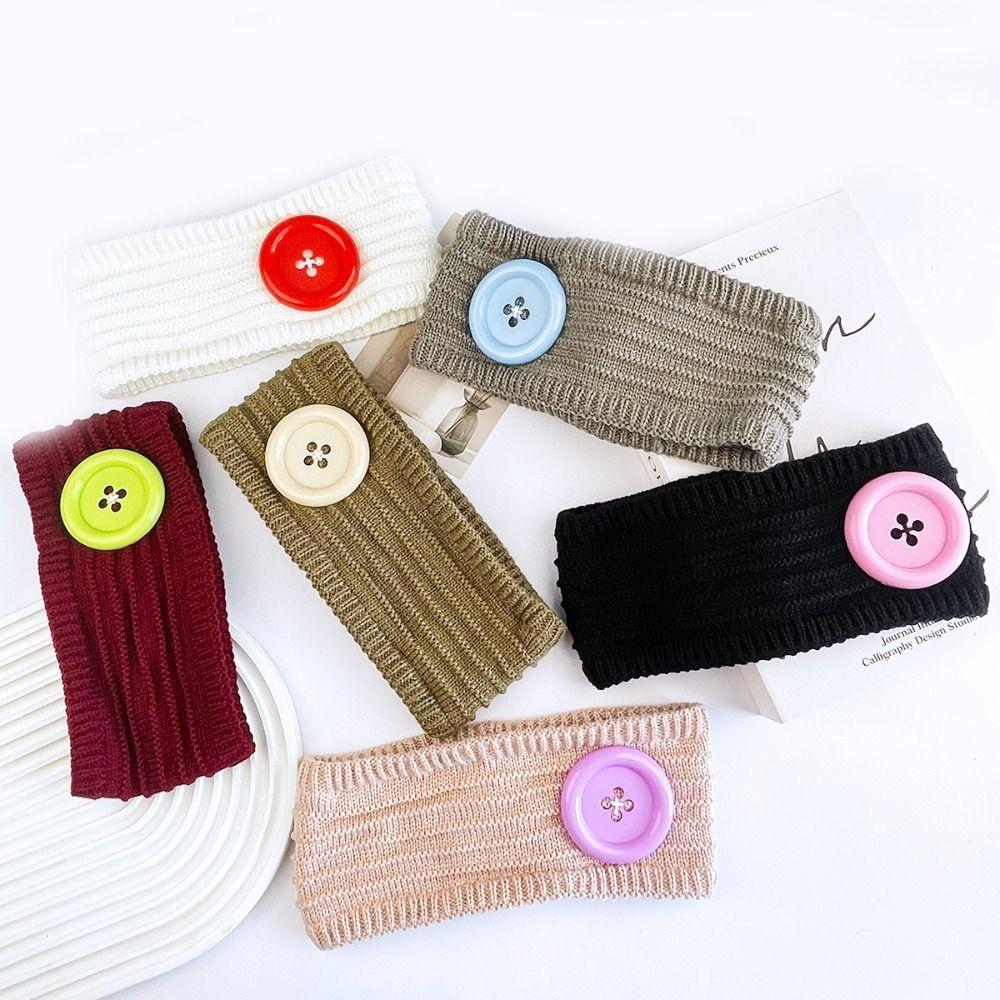Wide Band Knit Headband Colorful Button Hair Wrap Durable Warm Hair Band Winter Daily Wear