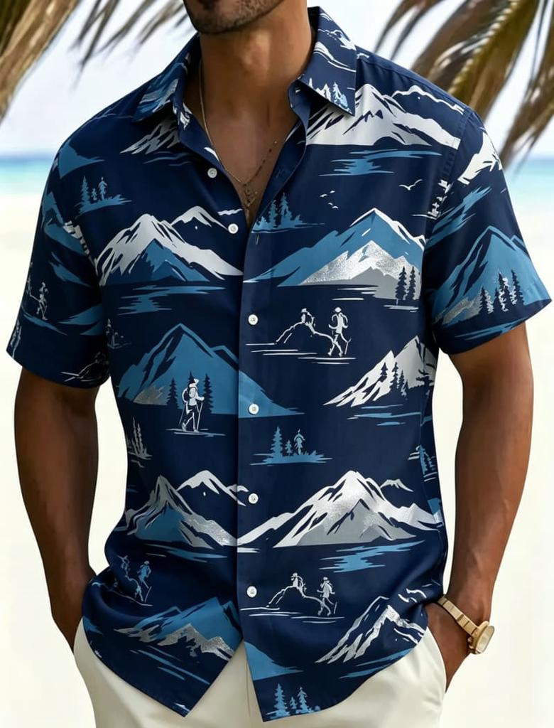 Men's Outdoor Themed Printed Short Sleeved Shirt, Suitable For Outdoor Camping, Weekend Travel, And Daily Dressing