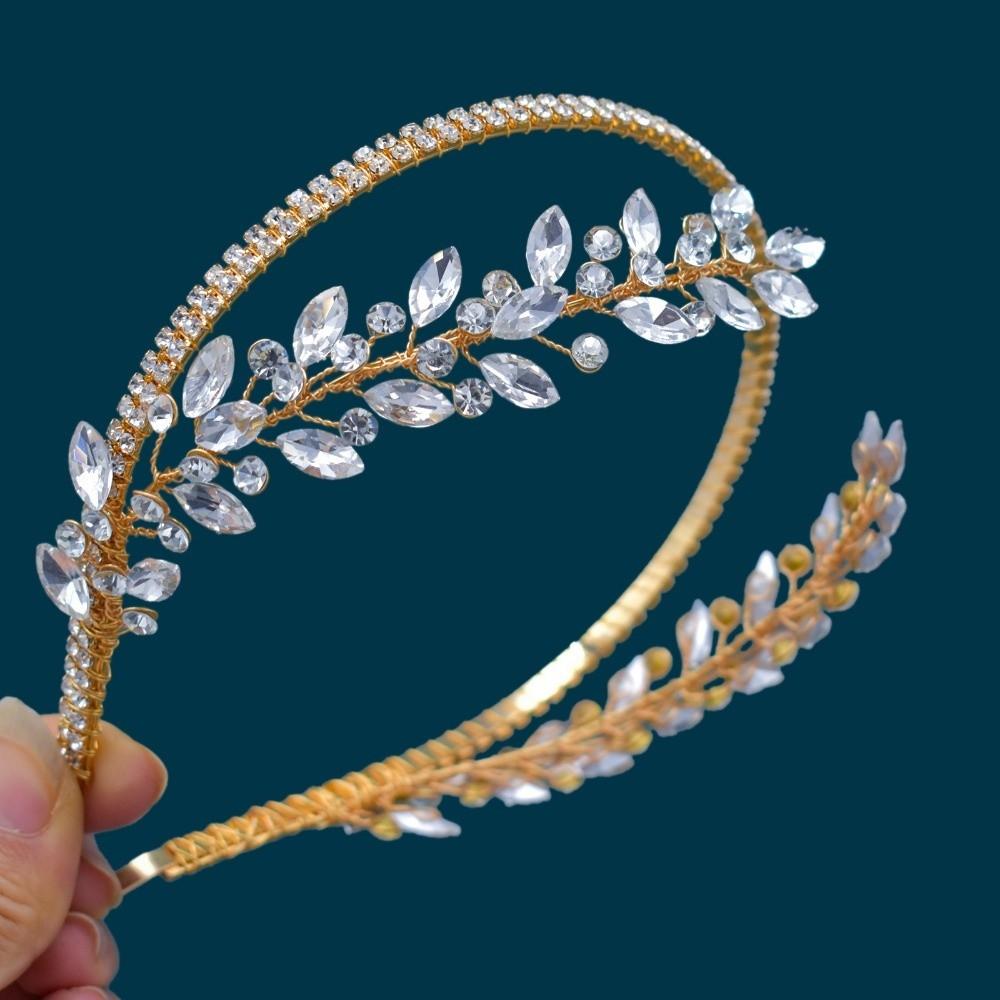 Vintage Elegant Minimalist Rhinestones Bride Headband Flower Gold Princess Queen Crown Headwear Shiny Women Headpiece Weddings