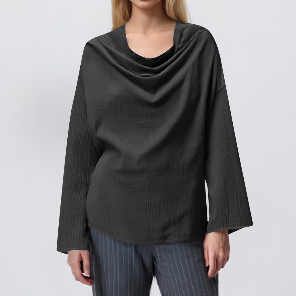 Women's Casual Loose Fashion Long Sleeved Color Pile Pile Collar Fold Top