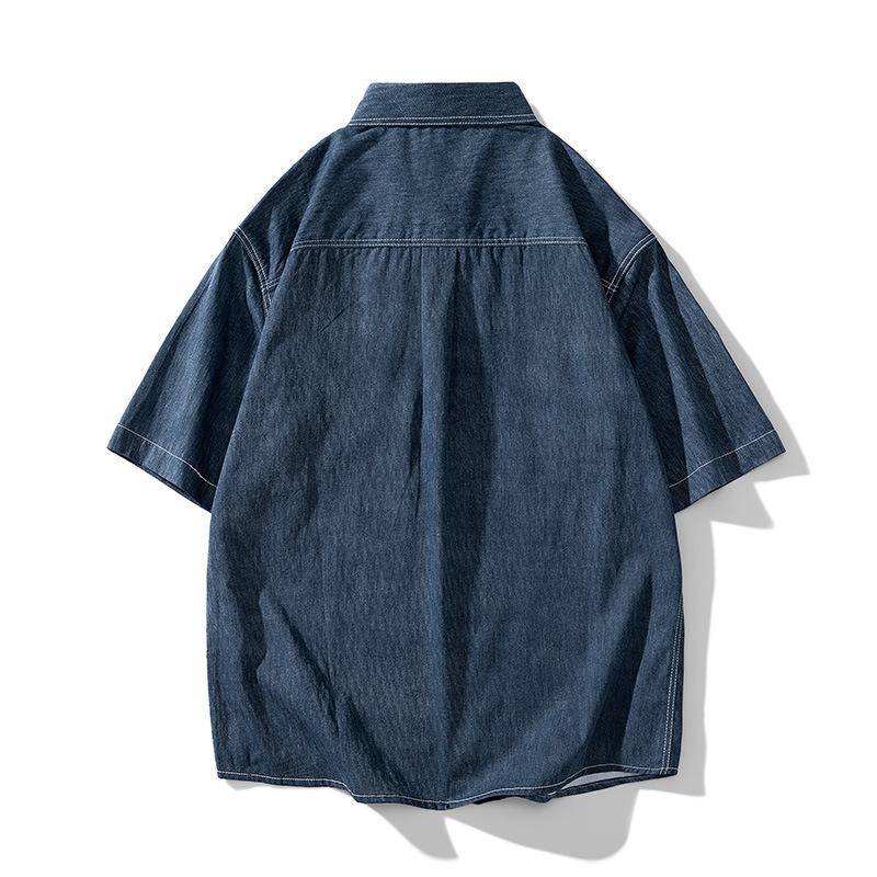 Chemise Homme Denim Col Montant Polyvalente Simple Boutonnage Manches Courtes Décontractée Minimaliste Haut