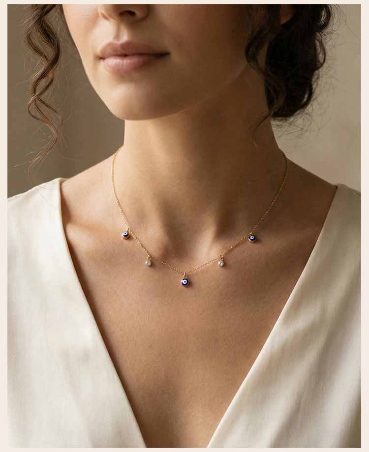 Stainless Steel Blue Evil Eye Necklace, Dainty Cubic Zirconia Devil's Eye Pendant Choker Necklace for Women Fashion Gift