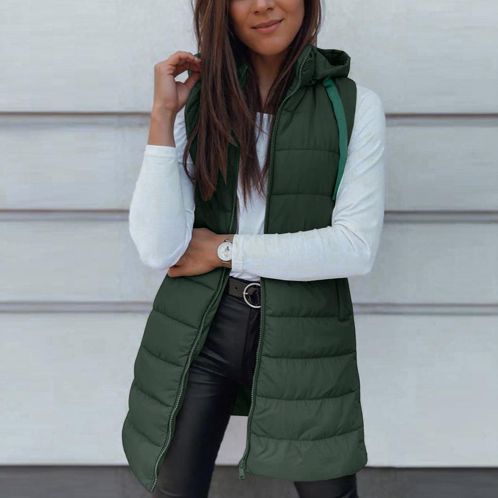 Damen Lange Weste Einfarbig Ärmellos Kapuze Winterweste Oberbekleidung Jacke Leichter Warmer Mantel Oberbekleidung