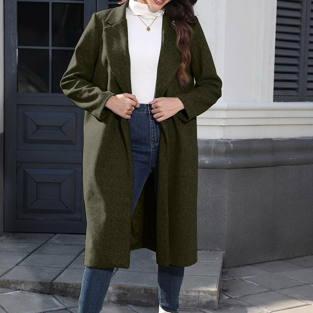 Women's Casual Long-Sleeved V-Neck Single-Button Solid Colour Wool Coat
